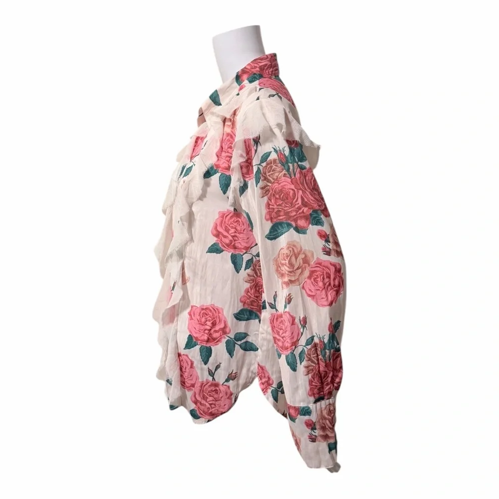 Free People Charlotte Ruffle Button Down Top Size XS Floral Oversized Boho Chic - Picture 4 of 10